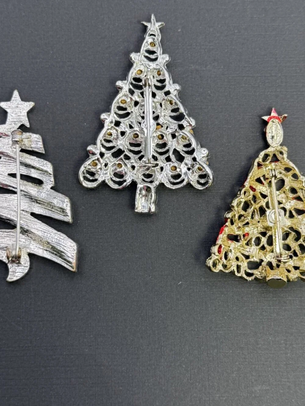 Christmas Tree Brooch Lot of 3 Enamel Rhinestone Holiday Pins Gold Silver Tone